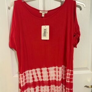 Como blu Red and White Short Sleeve Top tie open shoulders rayon